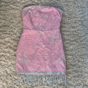 Finesse Strapless Pink Sequin & Beaded Fringe Mini Dress